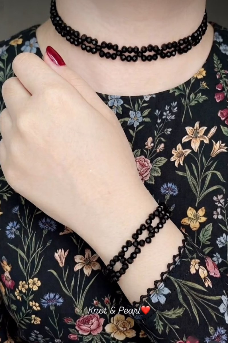 Handcrafted black beaded multi-strand choker and matching bracelet set